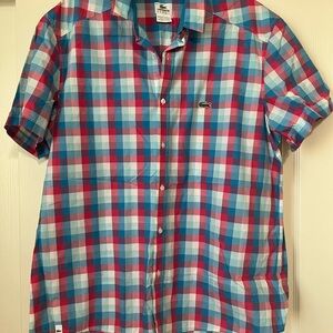 Lacoste Men's Blue and Pink Checkered Shirt